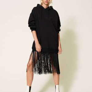 TWINSET – Czarna sukienka midi z frędzlami