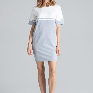 Szaro-ecru Dzianinowa Dwubarwna Sukienka z Kontrastowymi Paskami