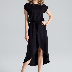 Czarna Ciekawa Sukienka z Wiązanymi Troczkami w Pasie