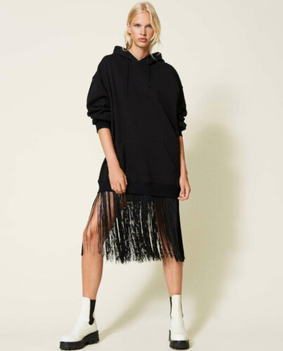 TWINSET – Czarna sukienka midi z frędzlami