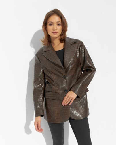 LOVE & ROSE – Oversizowa brązowa marynarka z efektem skóry krokodyla