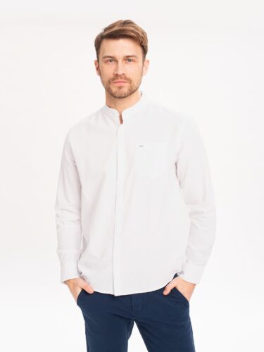 Biała bawełniana koszula męska z kołnierzem ze stójką, taliowana K‑LANGE